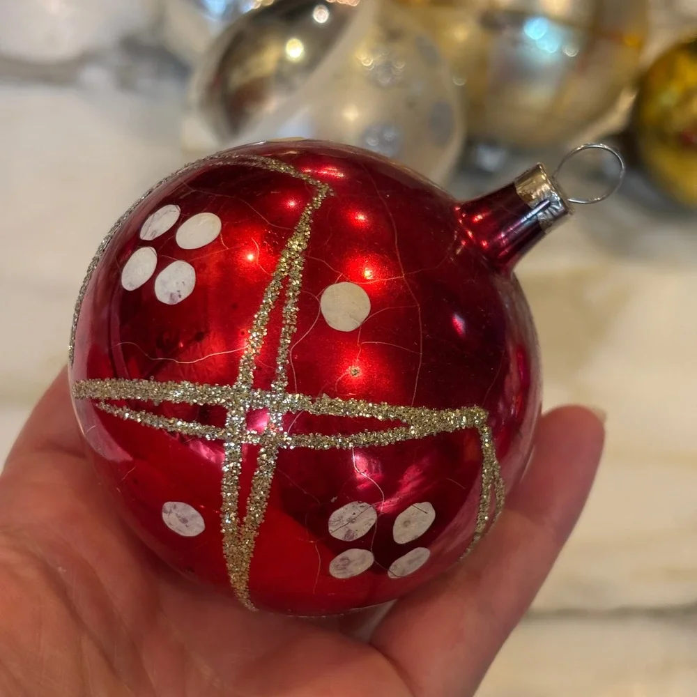 Assorted Vintage MCM Glass Ball Christmas Ornaments Red Gold Silver Set 6pc